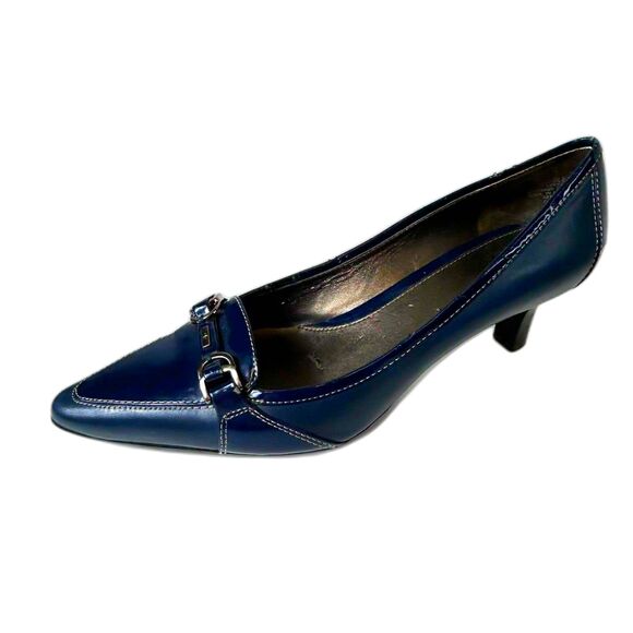 Joan & David Presley Navy Blue Leather Patent Leather Loafer Style Pumps Size 9M - Picture 1 of 15